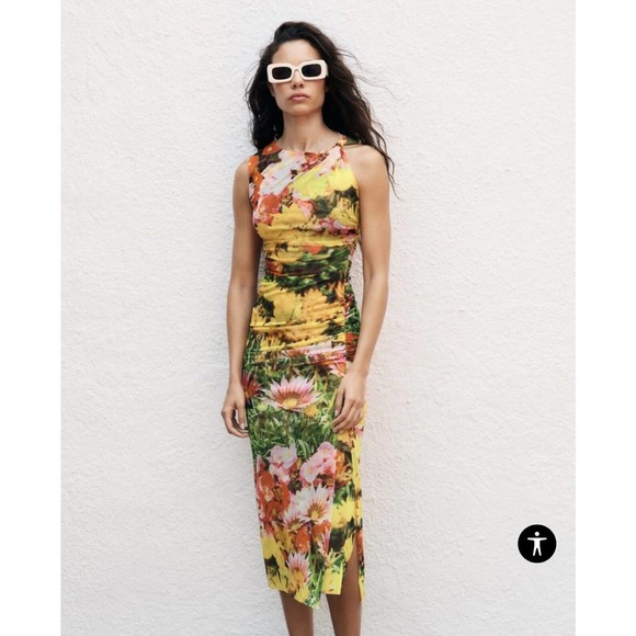 ZARA WOMENS LONG DRAPED FLORAL PRINTED TULLE DRESS SLIT sz M (B26) - Picture 1 of 16